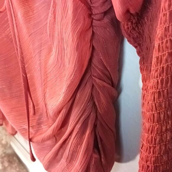 WAYF cinnamon chiffon ruched long puff sleeve top coquette girl sz L - Picture 4 of 11